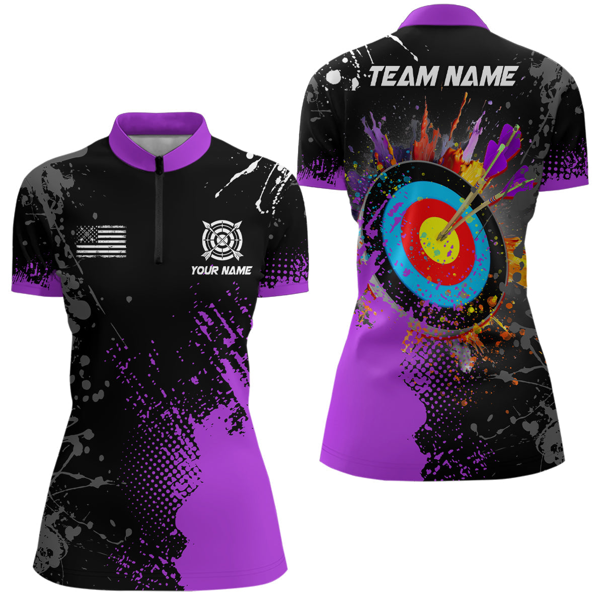 Personalized Paint Purple 3D Target Archery Quarter-Zip Shirts, Archery Jerseys Attires