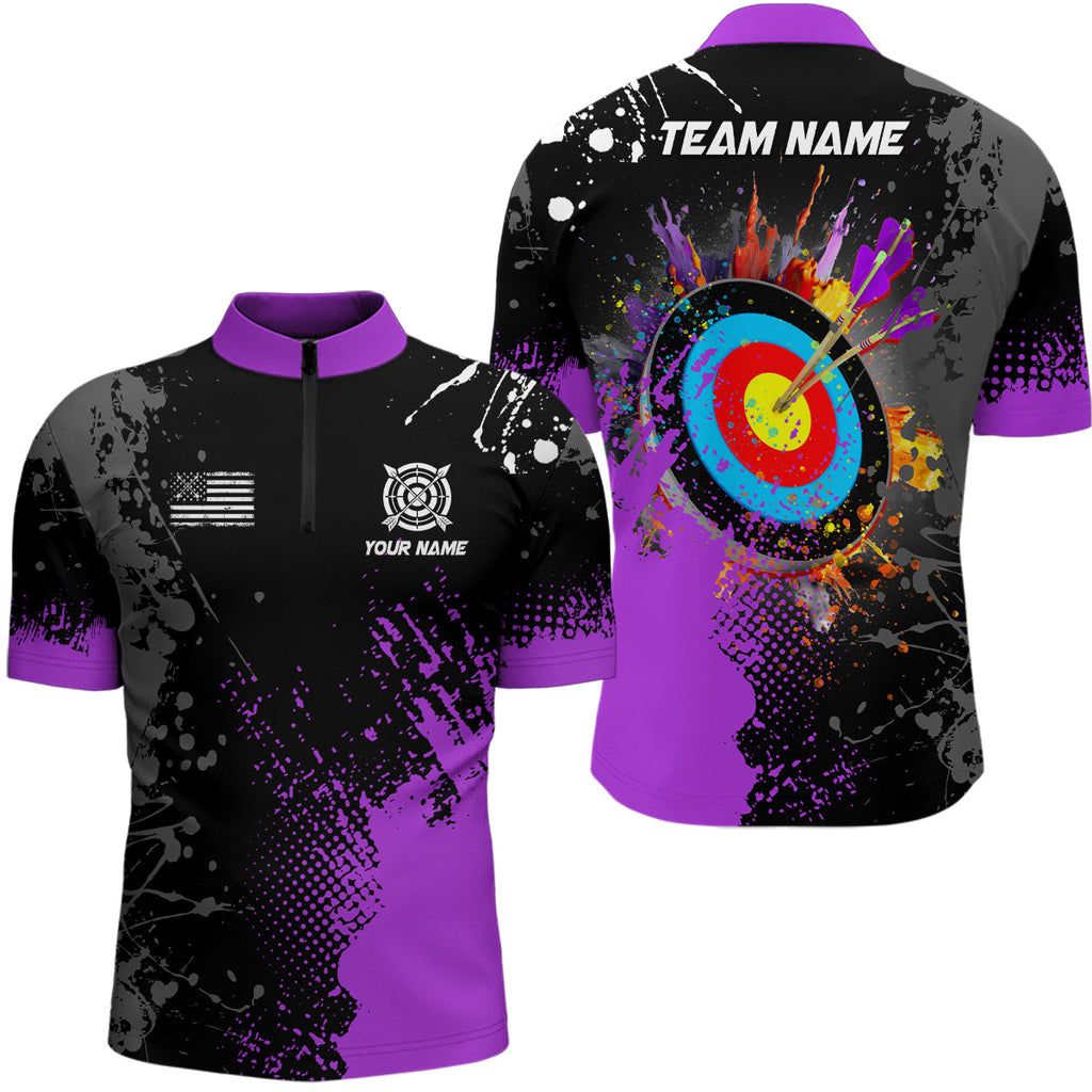Personalized Paint Purple 3D Target Archery Quarter-Zip Shirts, Archery Jerseys Attires