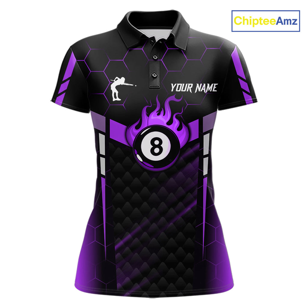Personalized Purple 8 Ball Flame Billiard Polo & Quarter Zip, 8 Ball Pool Team Jersey
