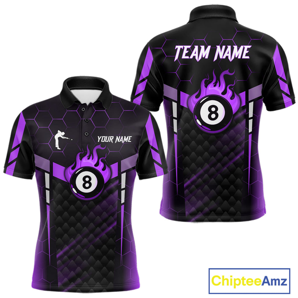 Personalized Purple 8 Ball Flame Billiard Polo & Quarter Zip, 8 Ball Pool Team Jersey