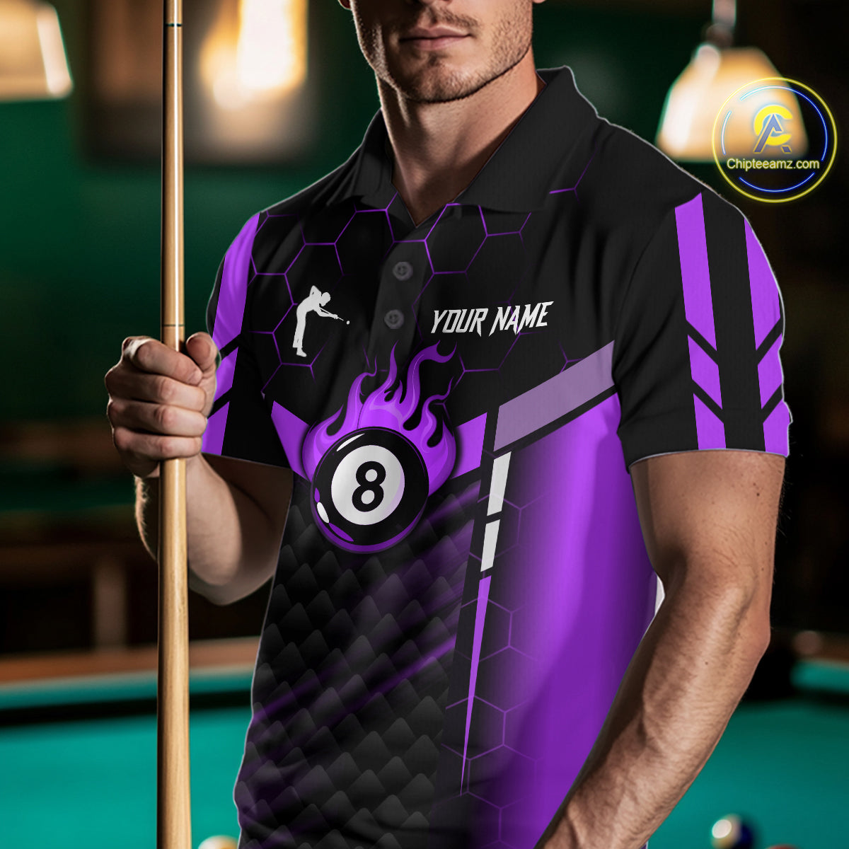 Personalized Purple 8 Ball Flame Billiard Polo & Quarter Zip, 8 Ball Pool Team Jersey