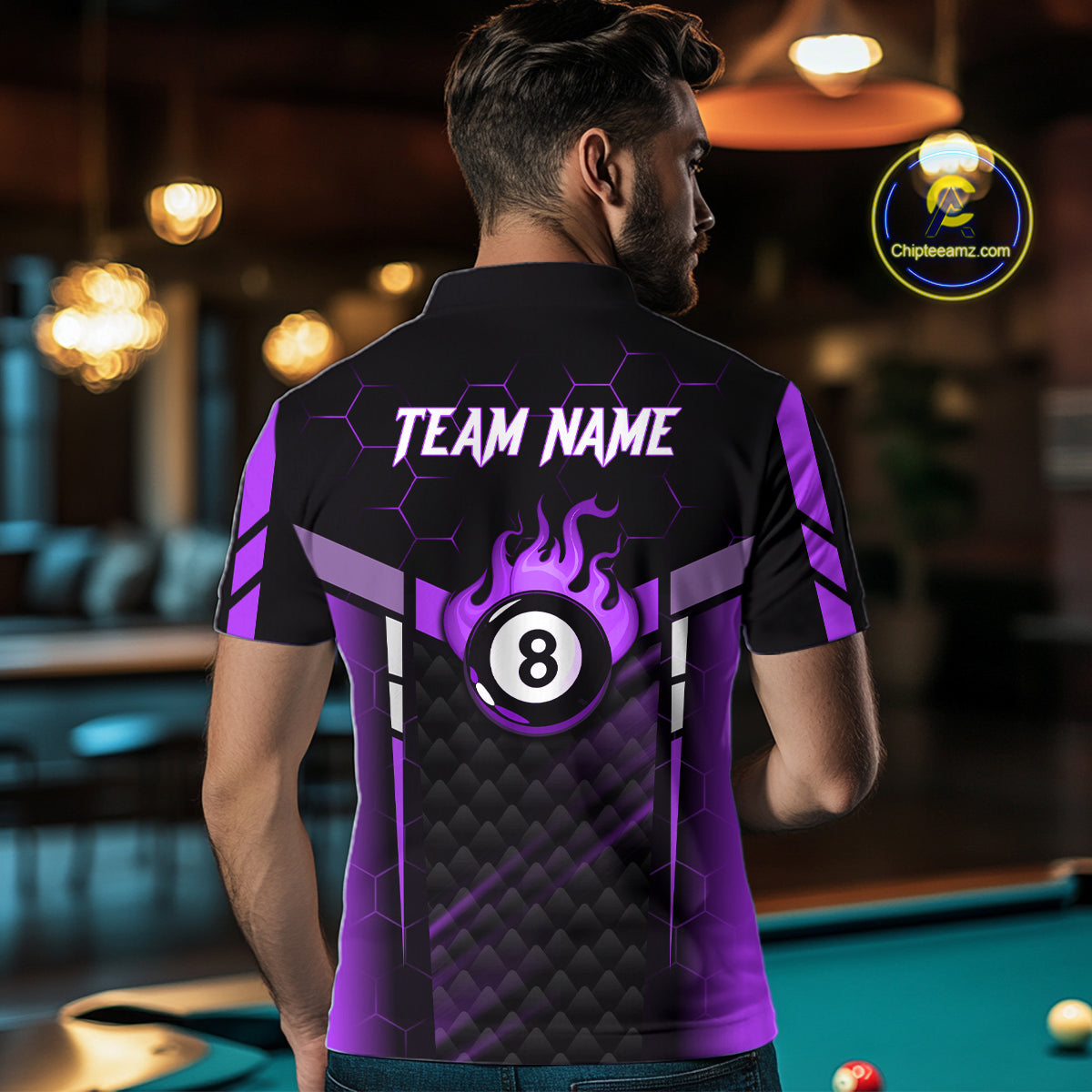 Personalized Purple 8 Ball Flame Billiard Polo & Quarter Zip, 8 Ball Pool Team Jersey