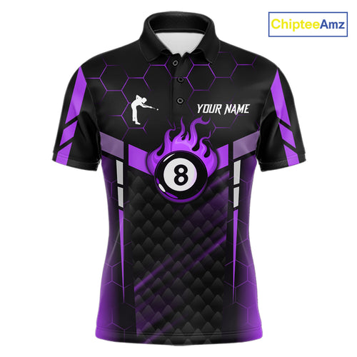 Personalized Purple 8 Ball Flame Billiard Polo & Quarter Zip, 8 Ball Pool Team Jersey