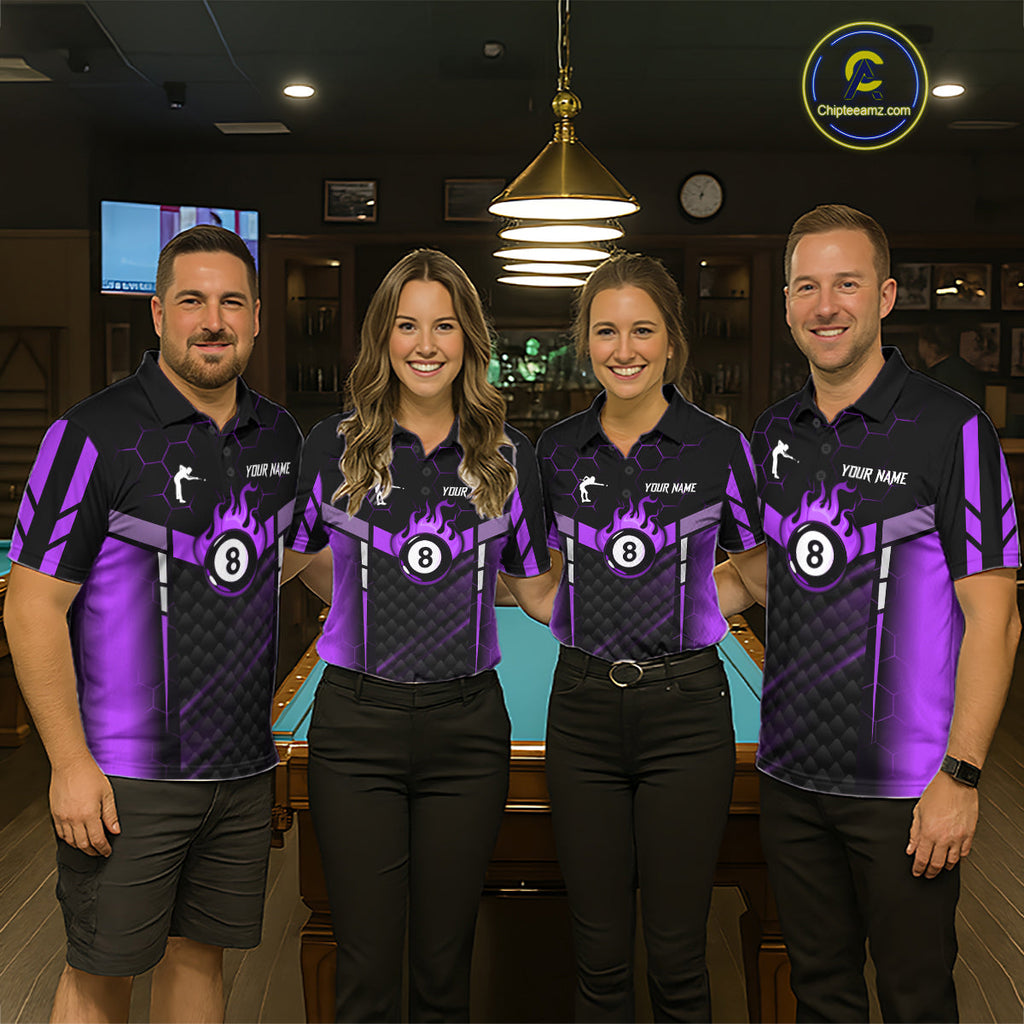 Personalized Purple 8 Ball Flame Billiard Polo & Quarter Zip, 8 Ball Pool Team Jersey