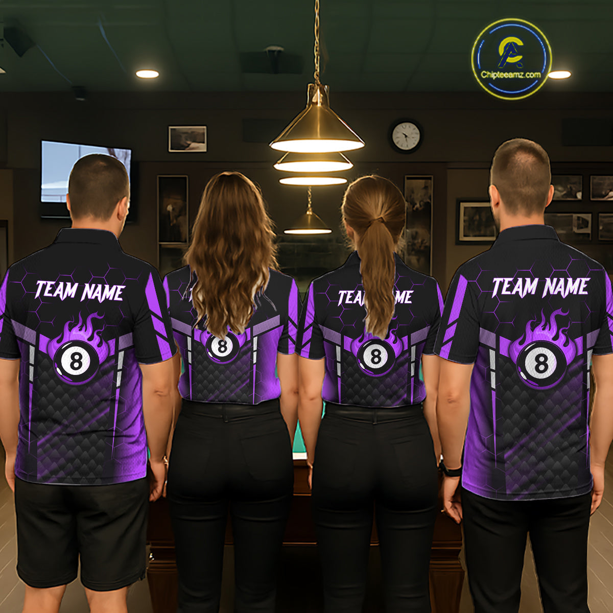 Personalized Purple 8 Ball Flame Billiard Polo & Quarter Zip, 8 Ball Pool Team Jersey