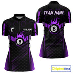 Personalized Purple 8 Ball Flame Billiard Polo & Quarter Zip, 8 Ball Pool Team Jersey