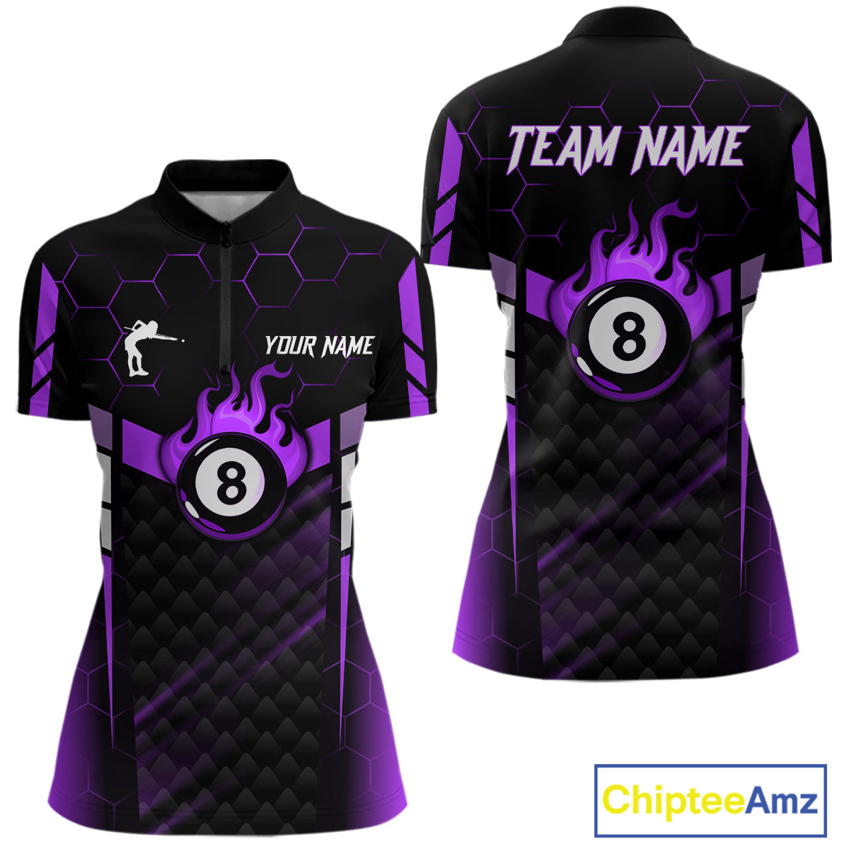 Personalized Purple 8 Ball Flame Billiard Polo & Quarter Zip, 8 Ball Pool Team Jersey
