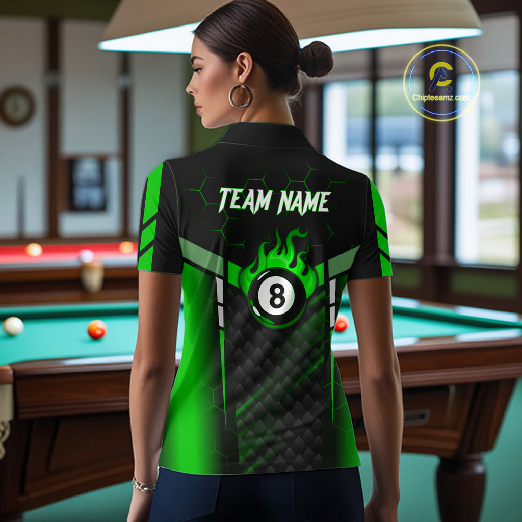 Personalized Green 8 Ball Flame Billiard Polo & Quarter Zip, 8 Ball Pool Team Jersey