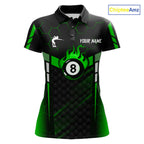 Personalized Green 8 Ball Flame Billiard Polo & Quarter Zip, 8 Ball Pool Team Jersey