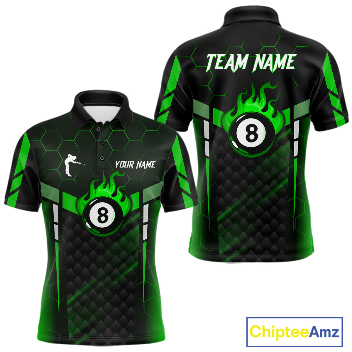 Personalized Green 8 Ball Flame Billiard Polo & Quarter Zip, 8 Ball Pool Team Jersey