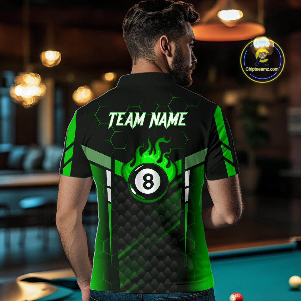 Personalized Green 8 Ball Flame Billiard Polo & Quarter Zip, 8 Ball Pool Team Jersey