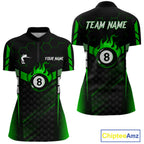 Personalized Green 8 Ball Flame Billiard Polo & Quarter Zip, 8 Ball Pool Team Jersey