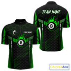 Personalized Green 8 Ball Flame Billiard Polo & Quarter Zip, 8 Ball Pool Team Jersey