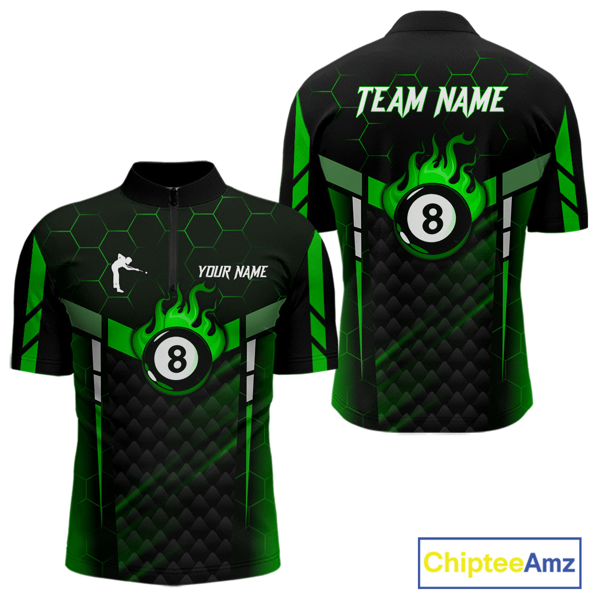 Personalized Green 8 Ball Flame Billiard Polo & Quarter Zip, 8 Ball Pool Team Jersey