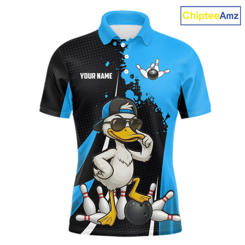 Custom Black And Blue Funny Duck Bowling Shirts, Bowling Team Jersey Polo & 1/4 Zip