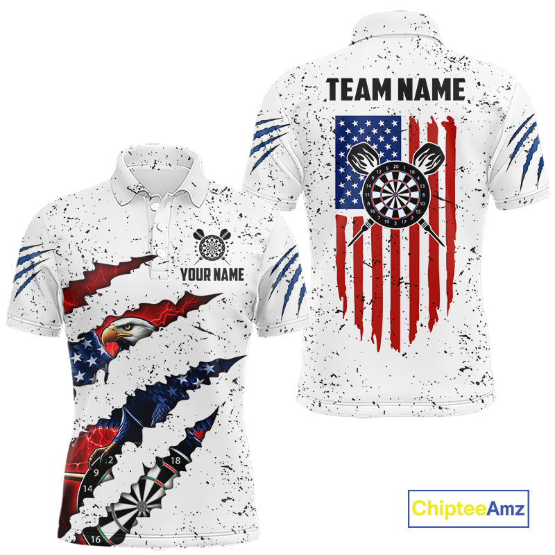 Customized Eagle American Flag White Grunge Darts Shirts, Patriotic Darts Team Jersey
