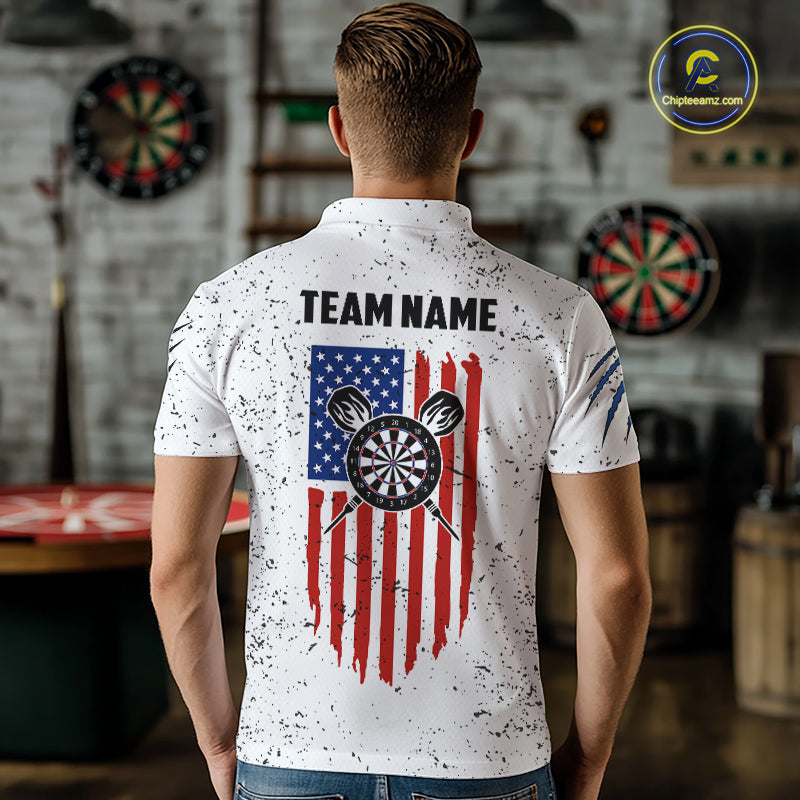 Customized Eagle American Flag White Grunge Darts Shirts, Patriotic Darts Team Jersey