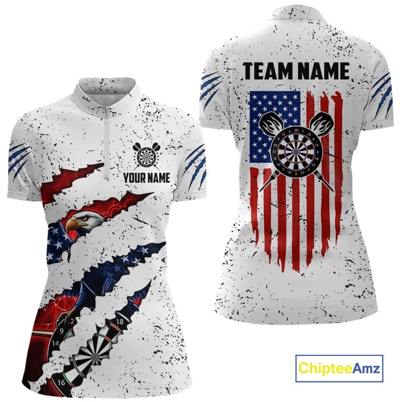 Customized Eagle American Flag White Grunge Darts Shirts, Patriotic Darts Team Jersey