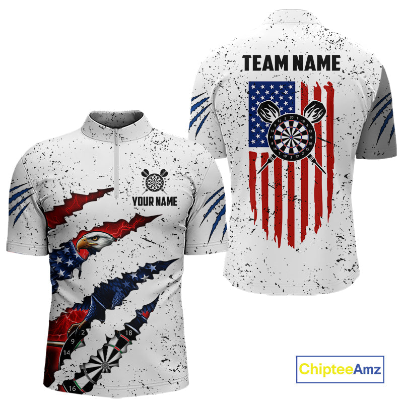 Customized Eagle American Flag White Grunge Darts Shirts, Patriotic Darts Team Jersey