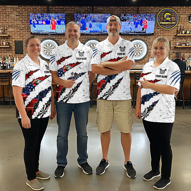 Customized Eagle American Flag White Grunge Darts Shirts, Patriotic Darts Team Jersey