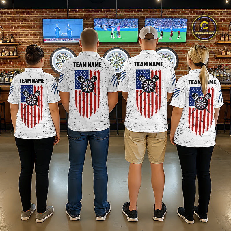 Customized Eagle American Flag White Grunge Darts Shirts, Patriotic Darts Team Jersey