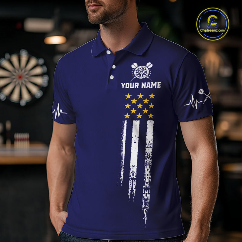 Customized Navy Blue American Flag Darts Shirt, Patriotic Darts League Team Jersey