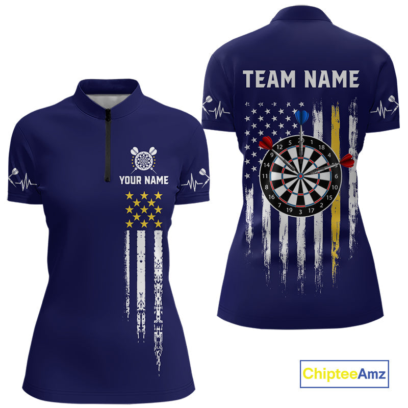 Customized Navy Blue American Flag Darts Shirt, Patriotic Darts League Team Jersey