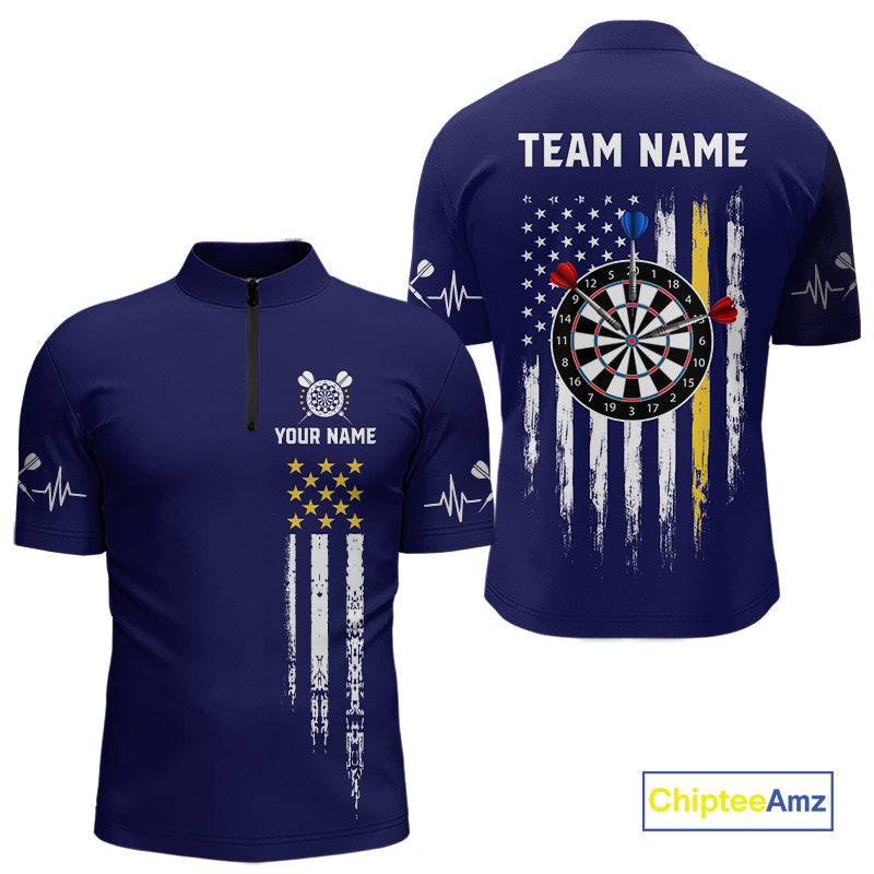 Customized Navy Blue American Flag Darts Shirt, Patriotic Darts League Team Jersey