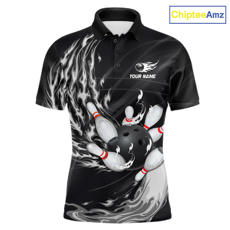 Personalized Black And White Flame Bowling Jersey Custom Bowling League Team Shirts