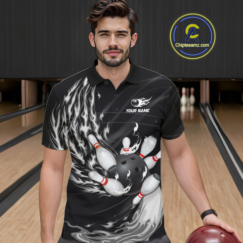 Personalized Black And White Flame Bowling Jersey Custom Bowling League Team Shirts