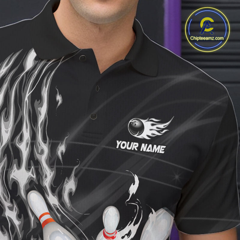 Personalized Black And White Flame Bowling Jersey Custom Bowling League Team Shirts