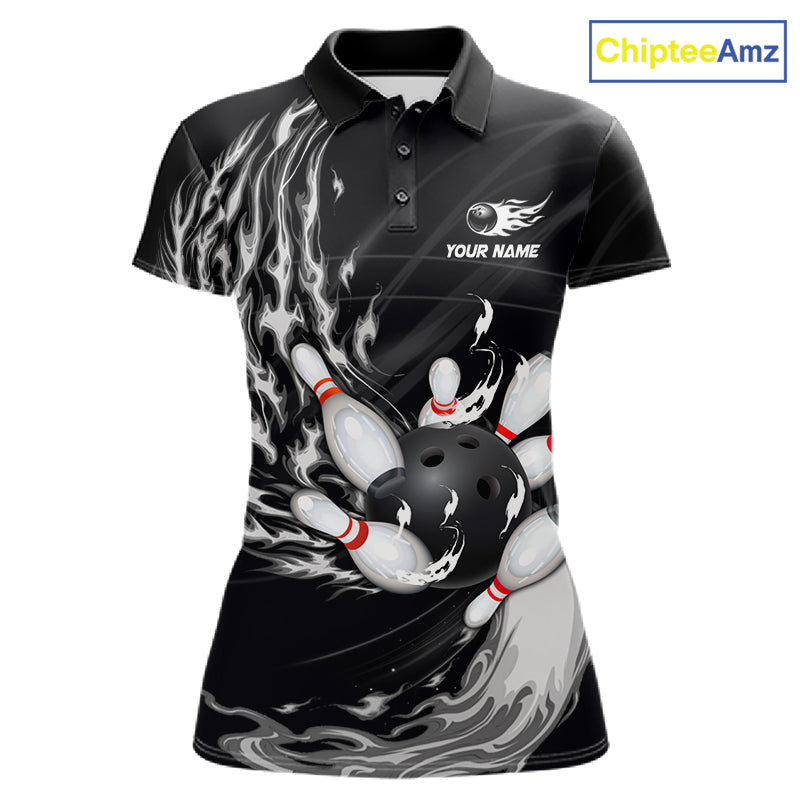Personalized Black And White Flame Bowling Jersey Custom Bowling League Team Shirts