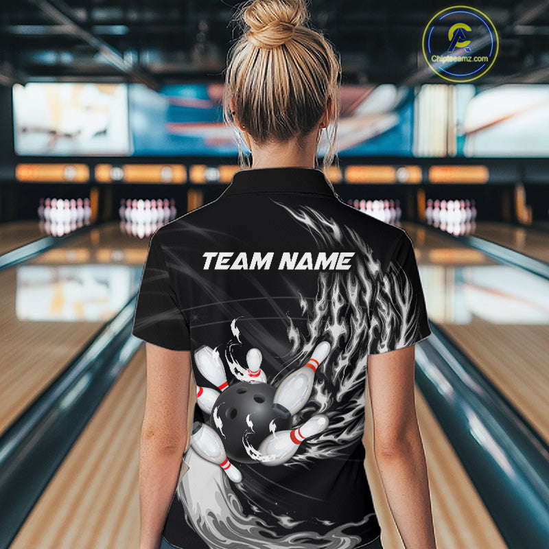 Personalized Black And White Flame Bowling Jersey Custom Bowling League Team Shirts