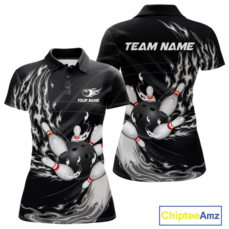 Personalized Black And White Flame Bowling Jersey Custom Bowling League Team Shirts