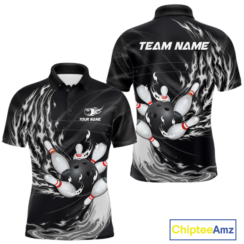 Personalized Black And White Flame Bowling Jersey Custom Bowling League Team Shirts