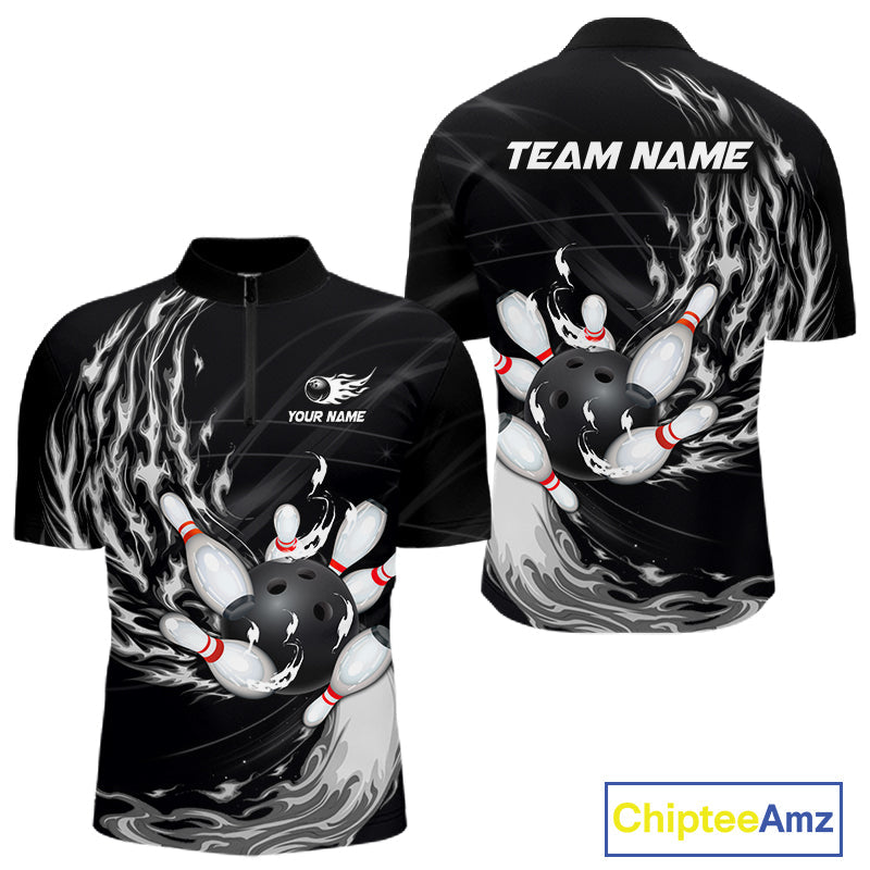 Personalized Black And White Flame Bowling Jersey Custom Bowling League Team Shirts