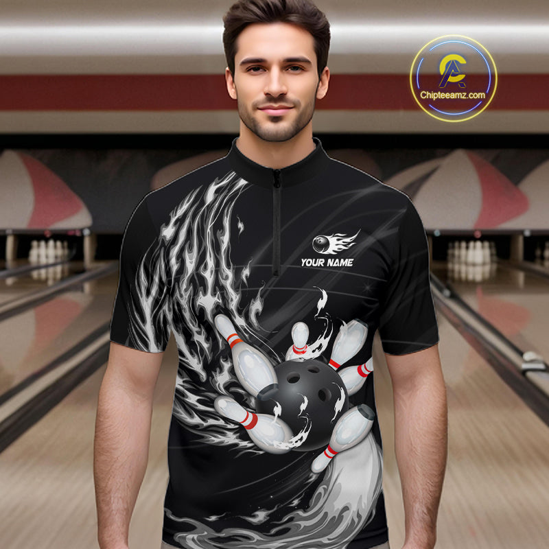 Personalized Black And White Flame Bowling Jersey Custom Bowling League Team Shirts