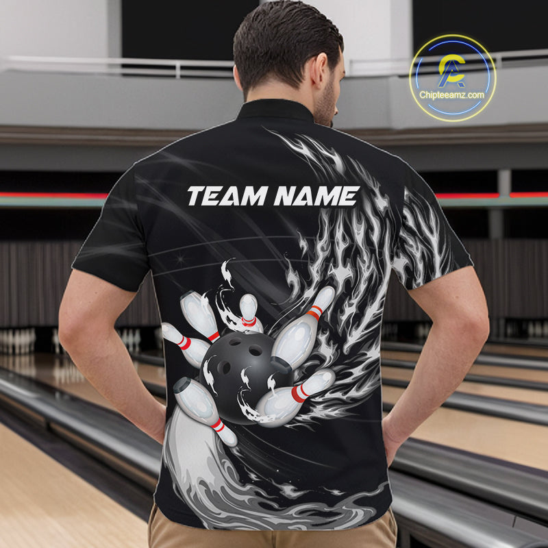 Personalized Black And White Flame Bowling Jersey Custom Bowling League Team Shirts