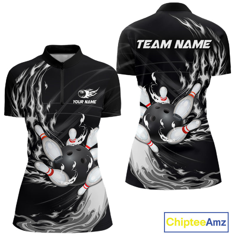 Personalized Black And White Flame Bowling Jersey Custom Bowling League Team Shirts