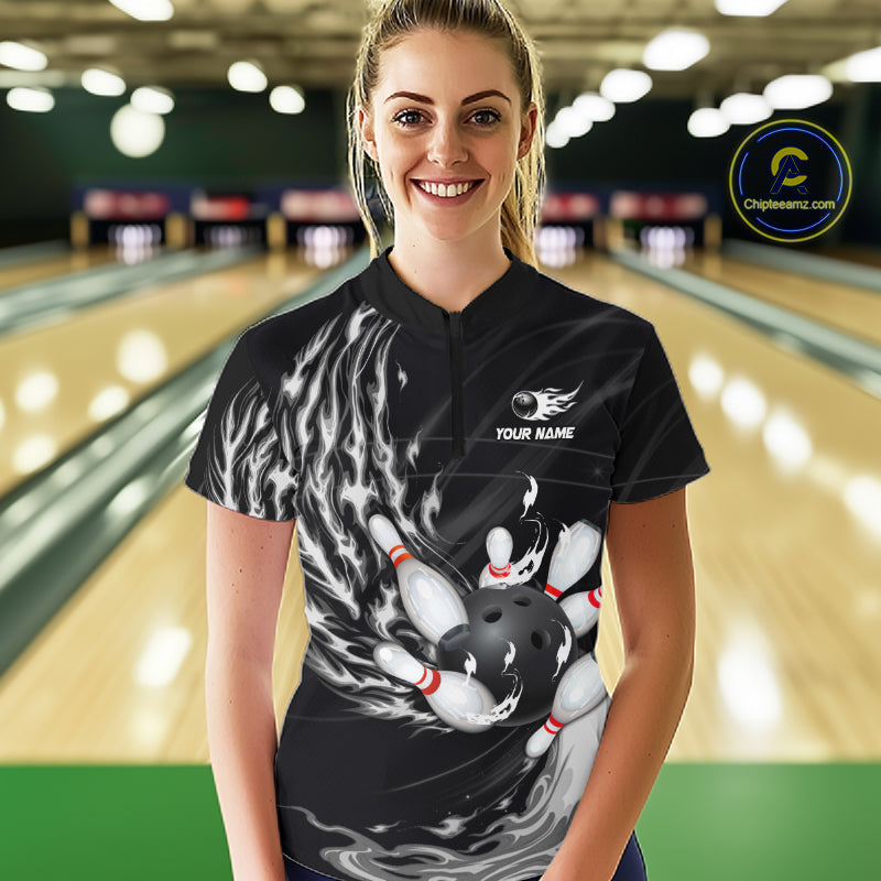 Personalized Black And White Flame Bowling Jersey Custom Bowling League Team Shirts