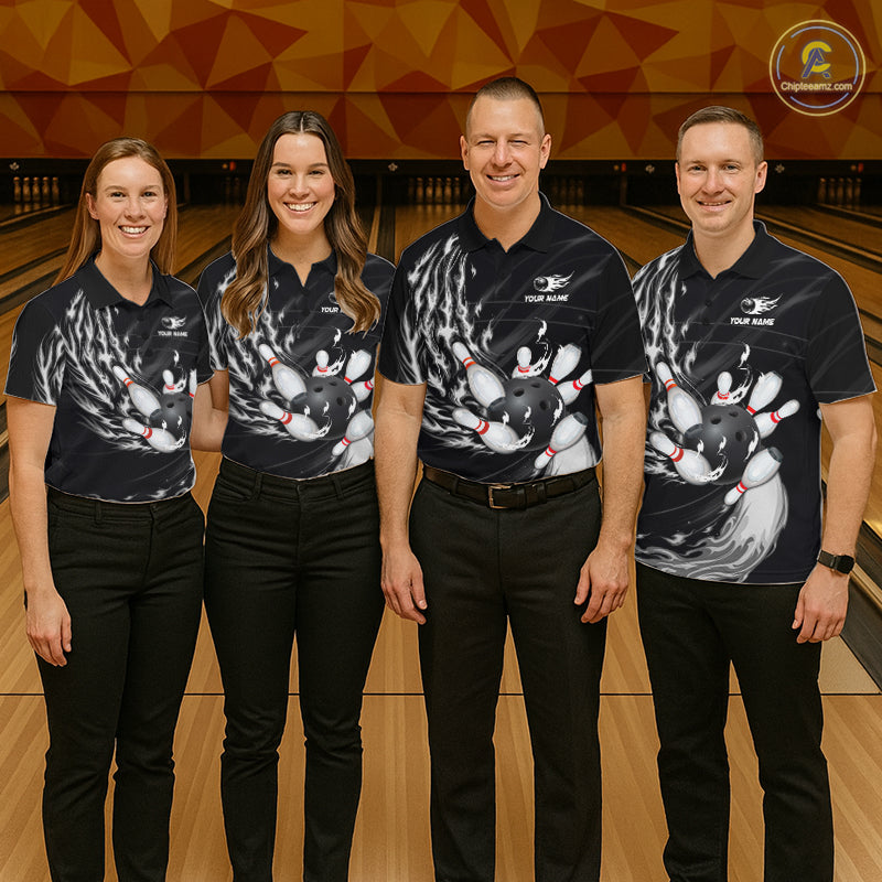 Personalized Black And White Flame Bowling Jersey Custom Bowling League Team Shirts