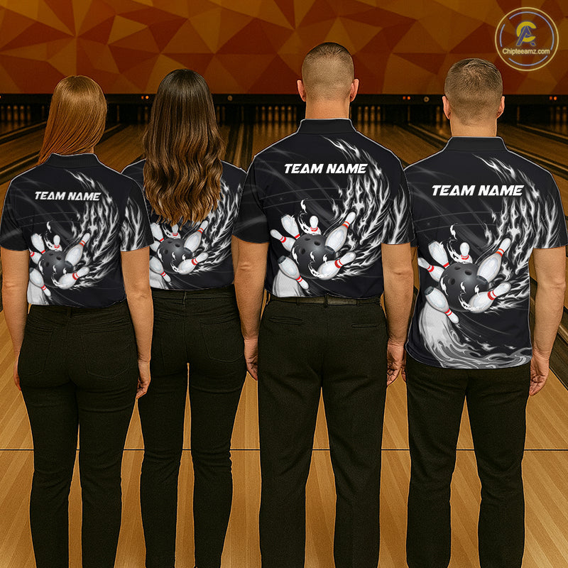 Personalized Black And White Flame Bowling Jersey Custom Bowling League Team Shirts