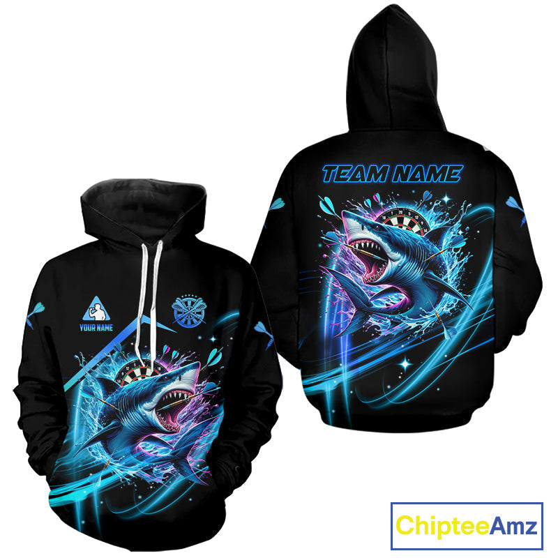 Personalized Blue Dartboard Shark Hoodie Darts Shirt And Custom Darts League Jersey
