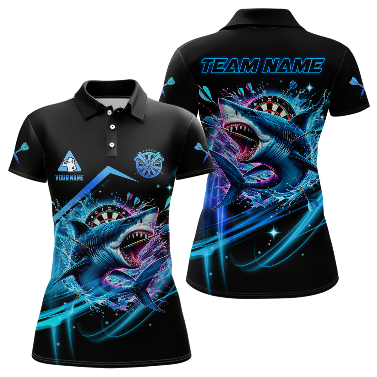 Personalized Blue 3D Darts Board And Shark Dart Polo & 1/4 Zip Shirts, Funny Dart Jersey Outfit