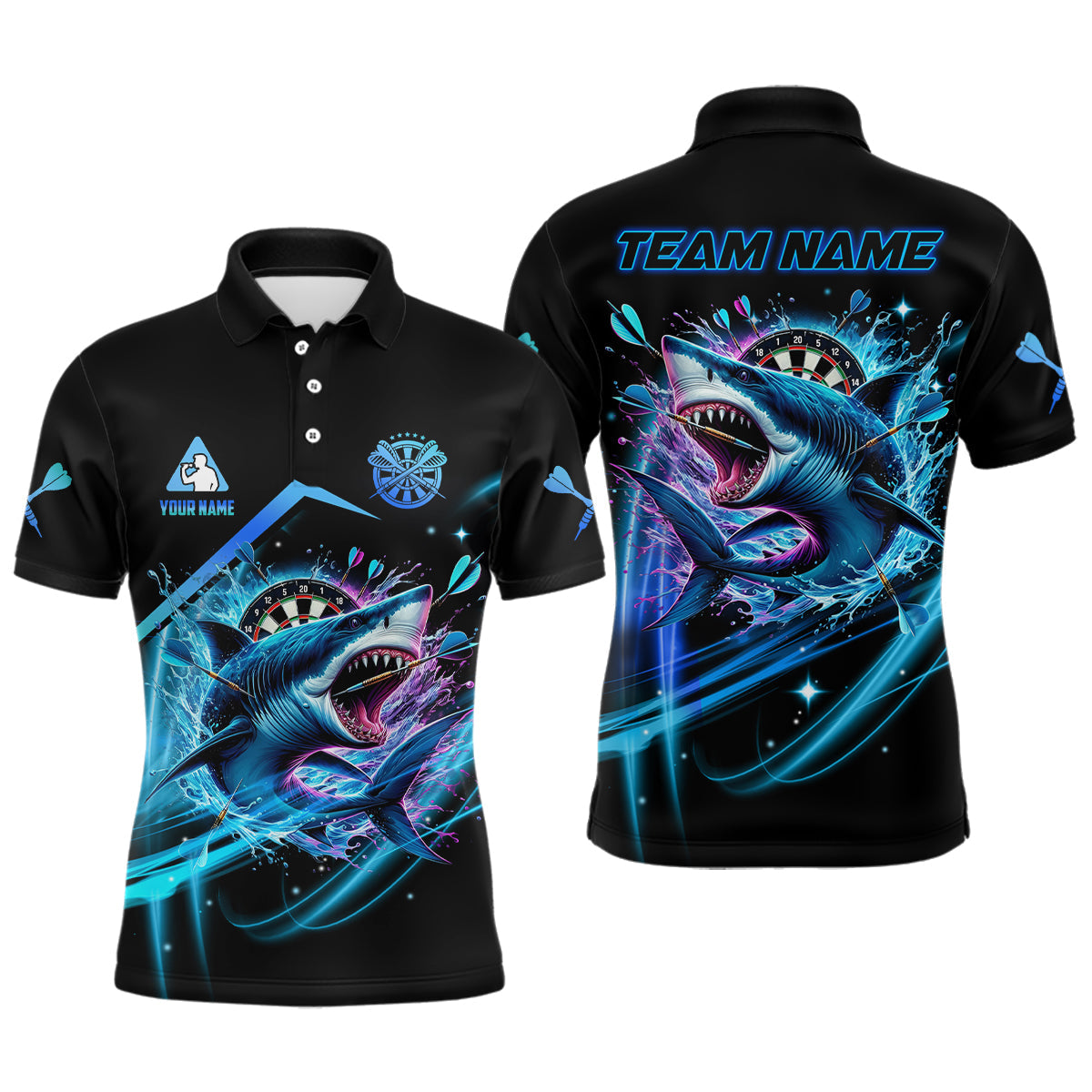 Personalized Blue 3D Darts Board And Shark Dart Polo & 1/4 Zip Shirts, Funny Dart Jersey Outfit