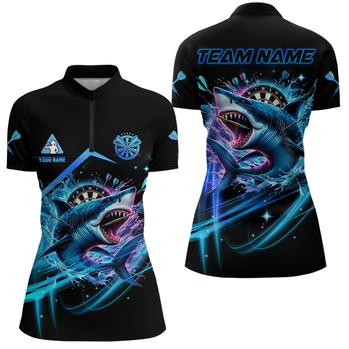 Personalized Blue 3D Darts Board And Shark Dart Polo & 1/4 Zip Shirts, Funny Dart Jersey Outfit
