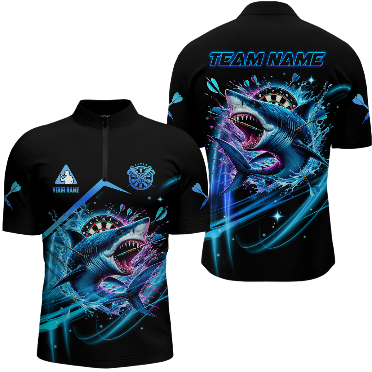 Personalized Blue 3D Darts Board And Shark Dart Polo & 1/4 Zip Shirts, Funny Dart Jersey Outfit