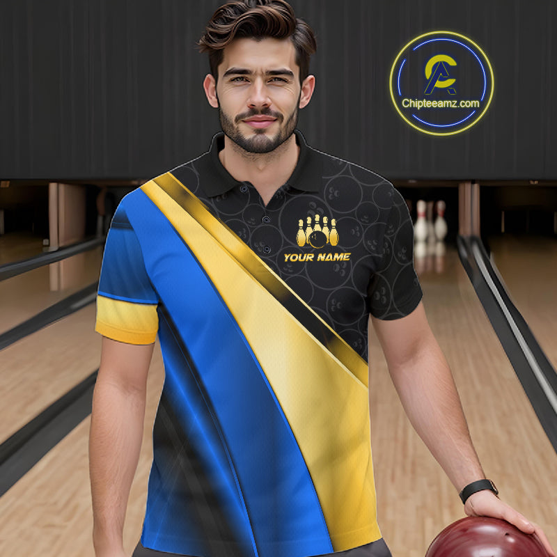 Custom Blue And Gold Bowling Shirts, Bowling League Team Jersey Bowling Tournament Shirts