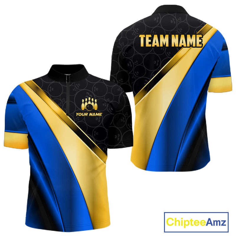 Custom Blue And Gold Bowling Shirts, Bowling League Team Jersey Bowling Tournament Shirts