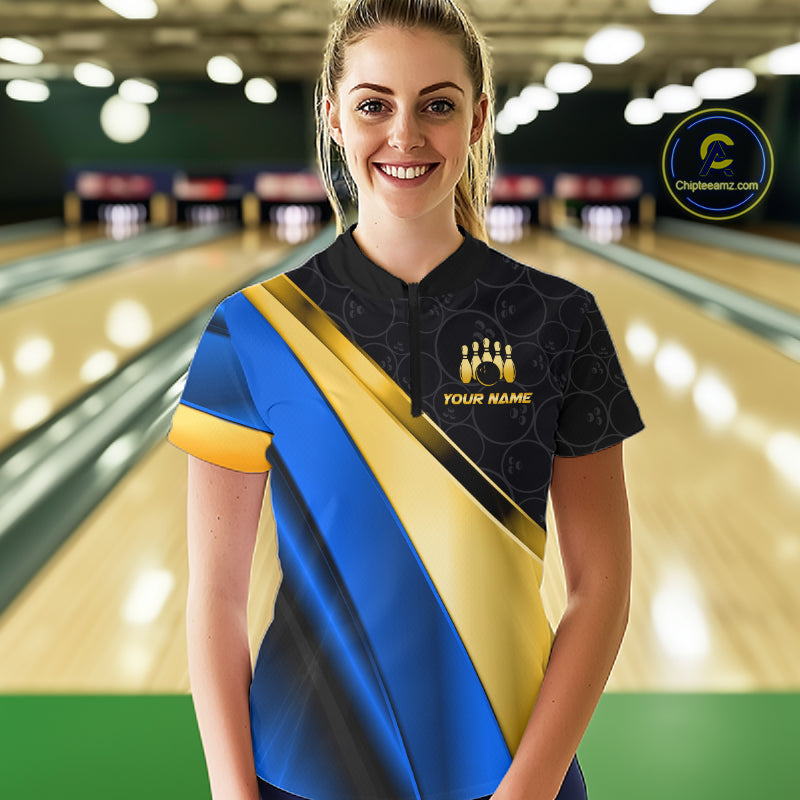 Custom Blue And Gold Bowling Shirts, Bowling League Team Jersey Bowling Tournament Shirts